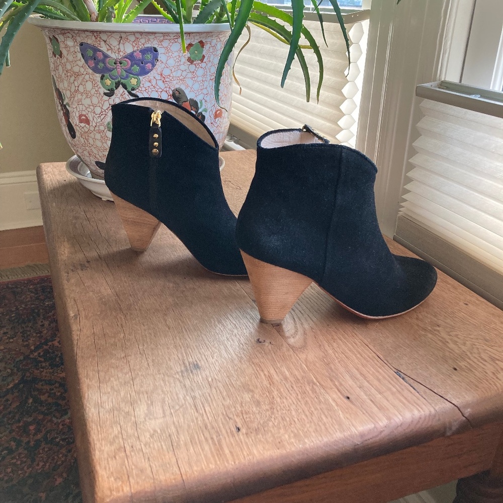 Matt Bernson Black Suede Ankle Booties with Wood Cone Heel